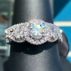 Kay Jewelers & Tolkowsky Round-Cut Natural Diamond Three-Stone Halo Engagement R